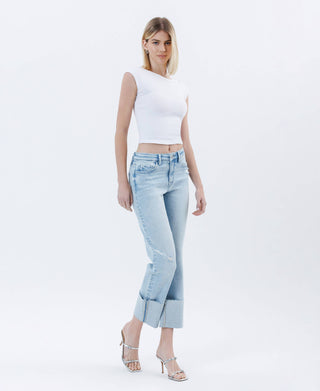 High Rise Cuffed Crop Straight Jeans