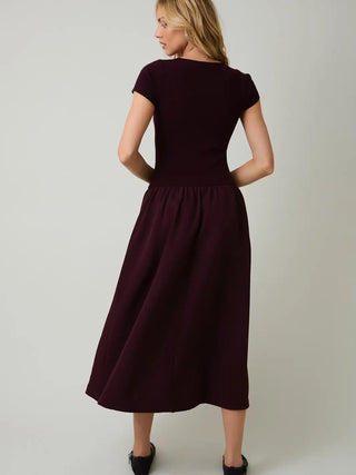 Round Neck Short Sleeve Woven Knit Mix Midi Dress