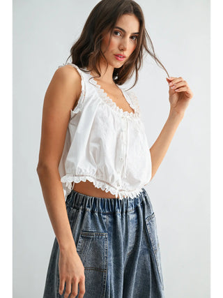 Embroidered Broderie Anglaise Cotton Top / Off White
