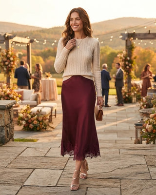 Olivia Satin Lace Hem Midi Skirt / Burgundy