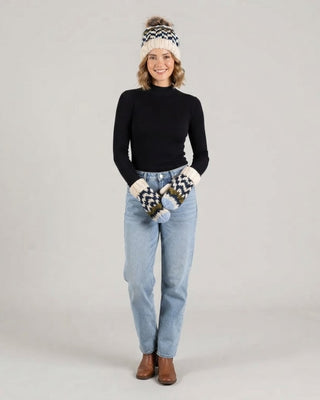 Beige, Navy & Lt. Blue Patterned Pom Hat