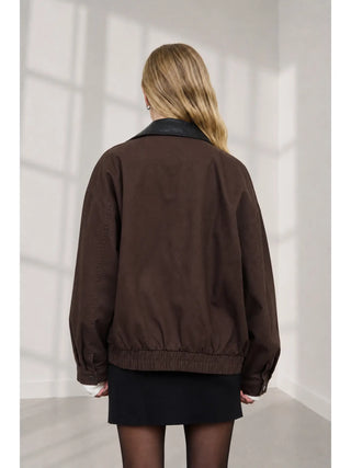 Contrast Faux Leather Collar Zip-Up Jacket / Brown