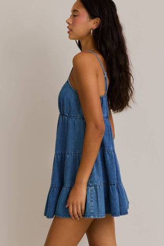 SPAGHETTI STRAP TIERED DENIM DRESS