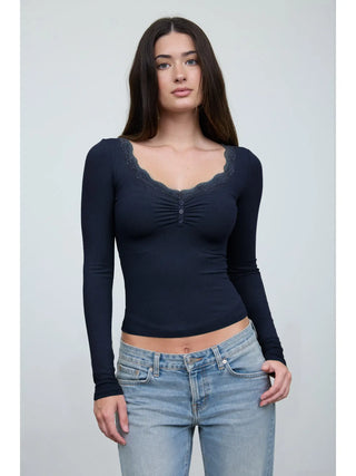 Lace Trim Button Detail Long Sleeve Knit Top / Navy