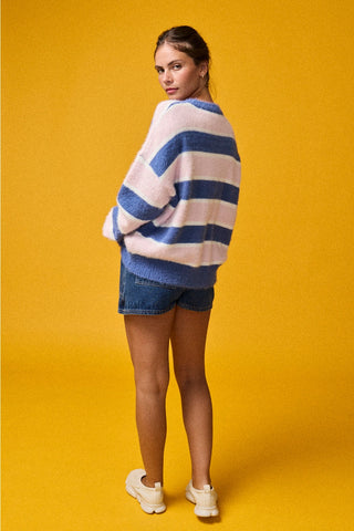 Fuzzy Knit Sweater Top / Pink-Navy