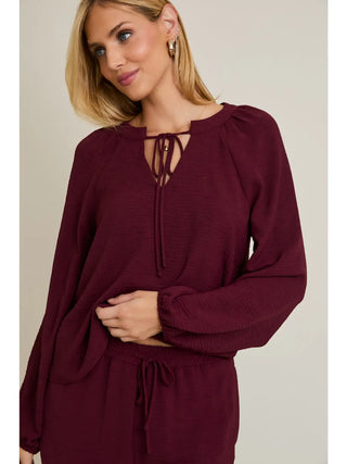 Front Tie Long Sleeve Top / Wine