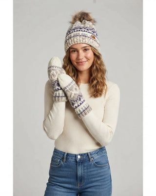 Ivory, Purple & Taupe Patterned Pom Hat