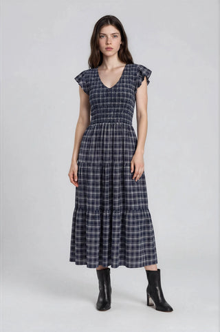 Plaid V Neck Smocked Tiered Midi Dress / Navy