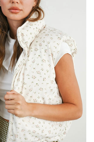 Floral Sleeveless Padded Vest / Ivory-Blush