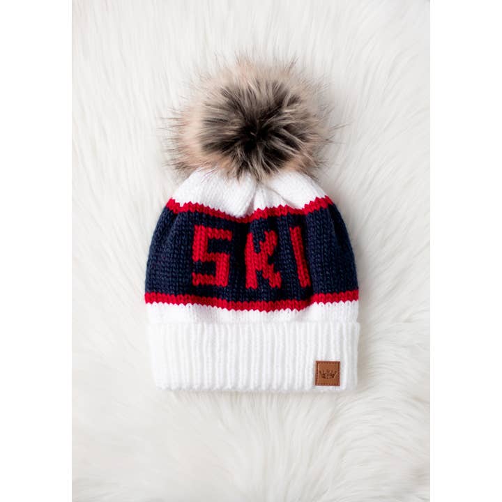 White, Navy & Red Ski Pom Hat