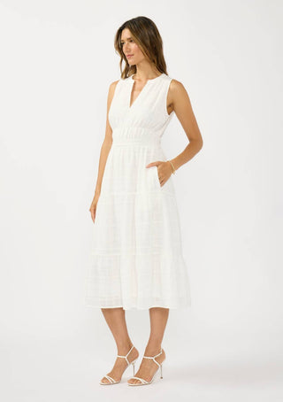 V-Split Neck Tiered Midi Dress with Pockets