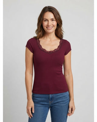 Fiona Lace Trim Short Sleeve Top / Burgundy