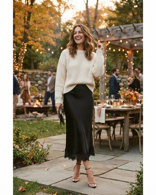 Brynn Satin Lace Midi Skirt / Black