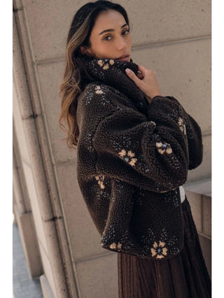 Floral-Print Sherpa Fleece Zip-Up Pocket Jacket /Choclate
