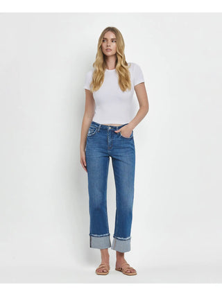 High Rise Cuffed Straight Jeans