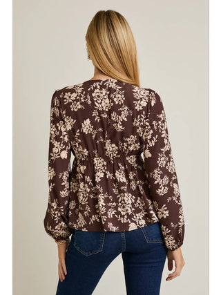 V-Neck Front Tie Long Sleeve Flare Hem Floral Top / Brown-Cream