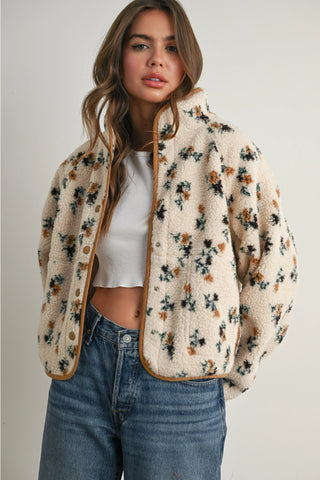 Floral Print Fluffy Fleece Jacket / Cream - Khaki