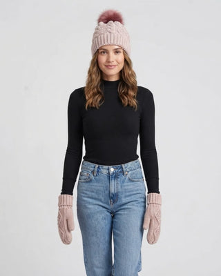 Lt. Pink Cable Knit Hat with Dk. Pink Pom