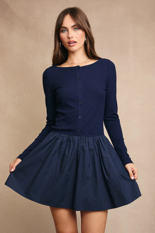 Boat Neck Knit Top Mini Dress / Navy