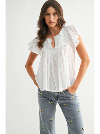 Flutter Sleeve Gathered Neck Detail Blouse / White