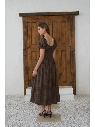 Plaid Shirred Puff Sleeve Front Tie Midi Dress