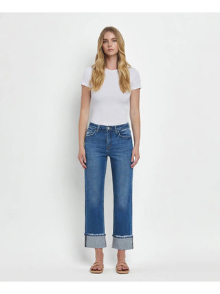 High Rise Cuffed Straight Jeans