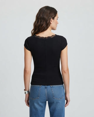 Fiona Lace Trim Short Sleeve Top / Black