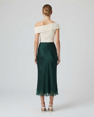 Olivia Satin Lace Hem Midi Skirt / Green