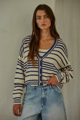 Knit Sweater Cotton Striped V-Neck Cardigan
