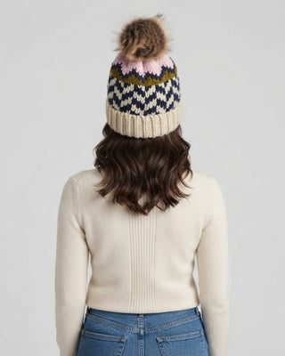 Beige, Navy & Lt. Pink Patterned Pom Hat