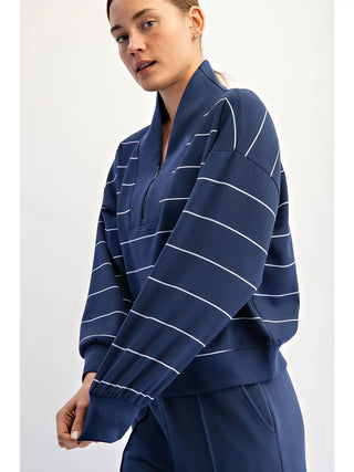 Modal Scuba Stripe V-Neck Jacket / Smoky Navy-Cream
