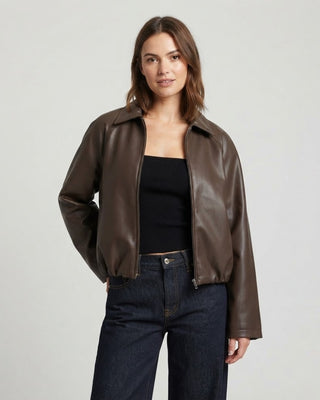 Linnea Bubble Hem Faux Leather Jacket / Brown