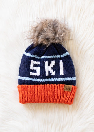 Orange, Navy & Lt. Blue Ski Pom Hat
