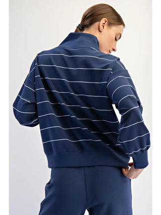 Modal Scuba Stripe V-Neck Jacket / Smoky Navy-Cream