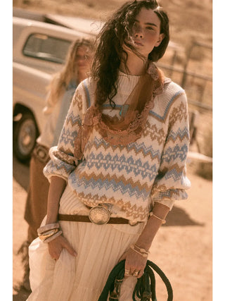 Fair Isle Knit Raglan-Sleeve Loose-Fit Mock-Neck Sweater /. Cream