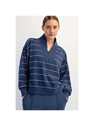 Modal Scuba Stripe V-Neck Jacket / Smoky Navy-Cream