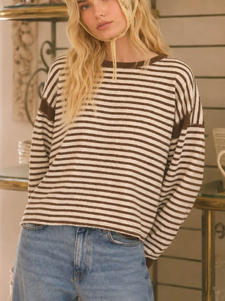 Stripe Contrast Trim Back Cut-Out Detail Knit Top