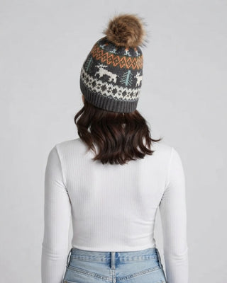 Gray Deer Winter Pattern Pom Hat