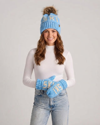Lt. Blue & Beige Ski Pom Hat