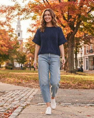 ROUND NECK SHORT SLEEVE KNIT SWEATER TOP / Navy