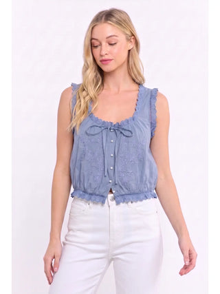 Embroidered Broderie Anglaise Cotton Top / Dusty Blue