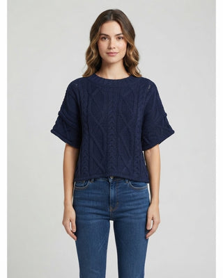 ROUND NECK SHORT SLEEVE KNIT SWEATER TOP / Navy