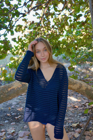 Collared Ladder Knit Sweater / Navy Blue