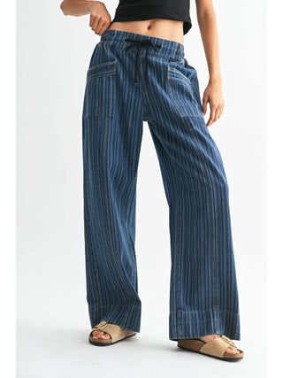Wide-Leg Striped Denim Trousers / Dark Denim Wash Striped