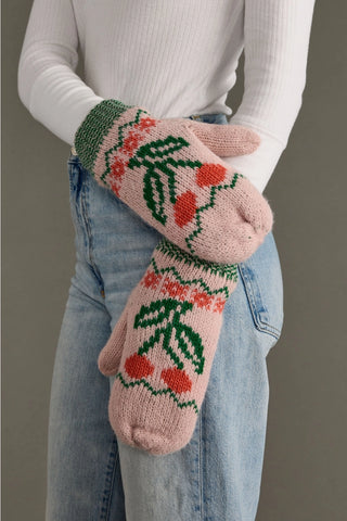 Cherry Pattern Mittens / Light Pink