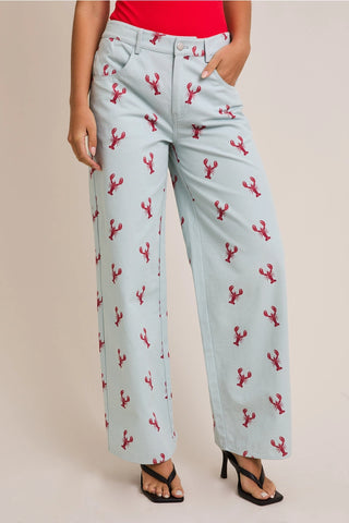 Mid-Rise Lobster Graphic Wide Leg Pants