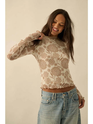 Floral-Print Mesh Mock-Neck Raglan Top / Cream