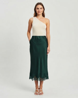Olivia Satin Lace Hem Midi Skirt / Green