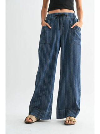 Wide-Leg Striped Denim Trousers / Dark Denim Wash Striped