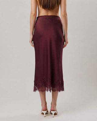 Olivia Satin Lace Hem Midi Skirt / Burgundy